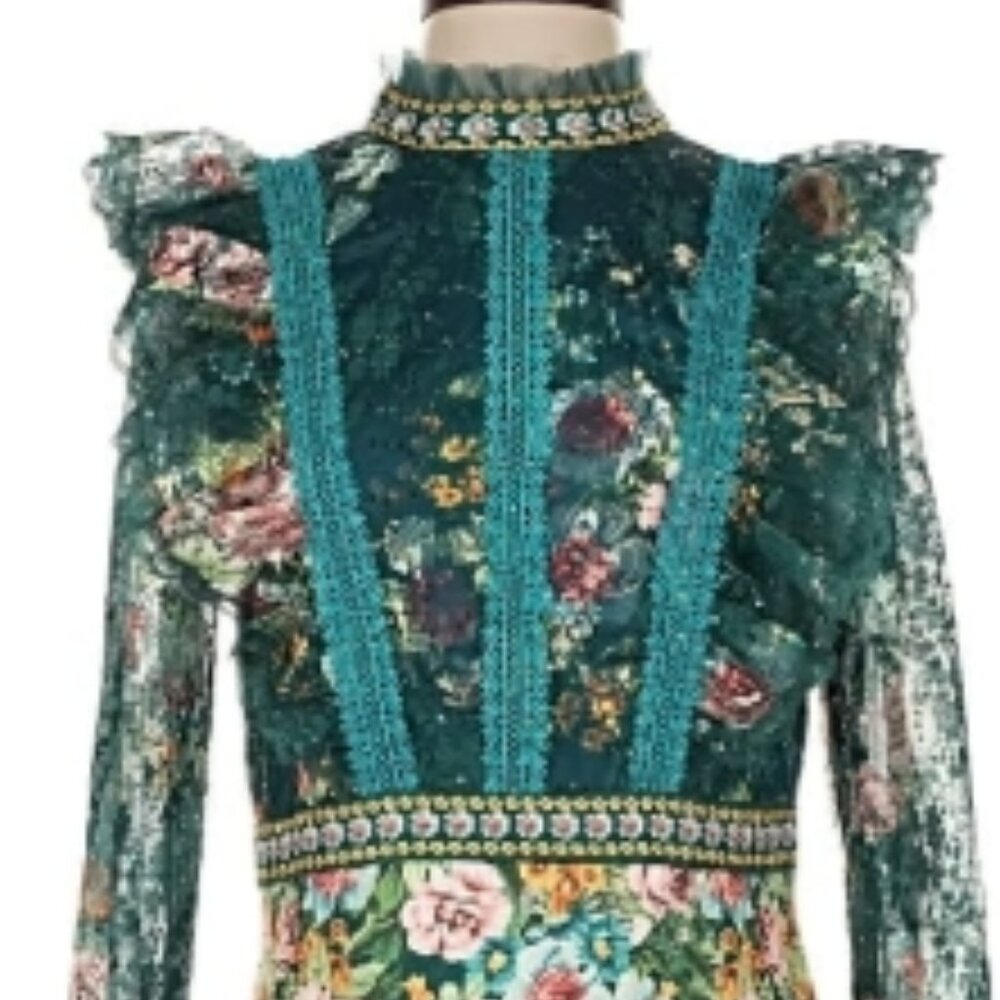 Glory & Co Teal Floral Lace Long Sleeve Mini Dress Vtg Garden Party Cottagecore - Picture 7 of 7